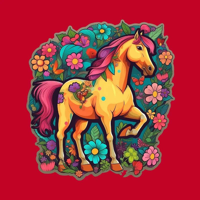 Cheval mignon dans la mer colorée de fleurs de dessin animé