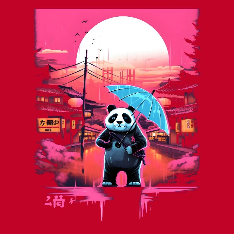 Synthwave Panda with umbrella