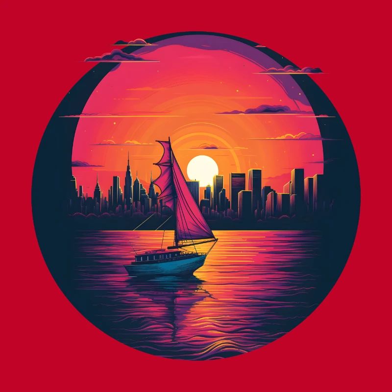 Synthwave sailing ship sunset
