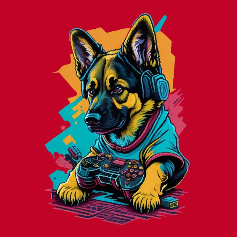 German Shepherd puppy plays with game control