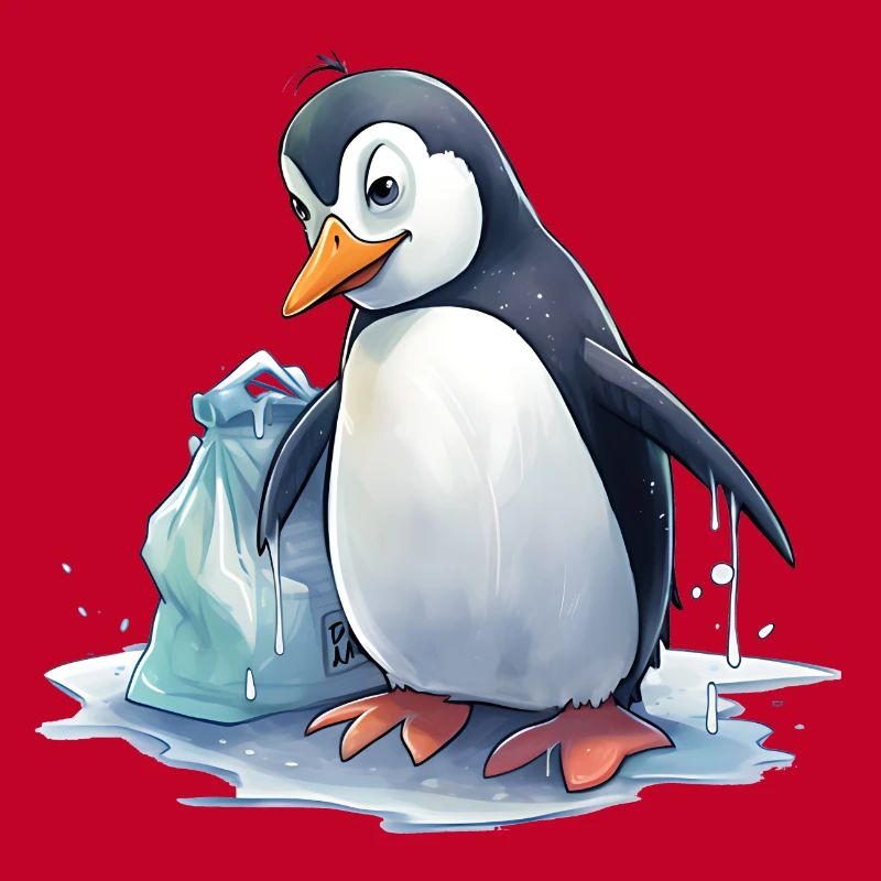 Penguin collecting garbage