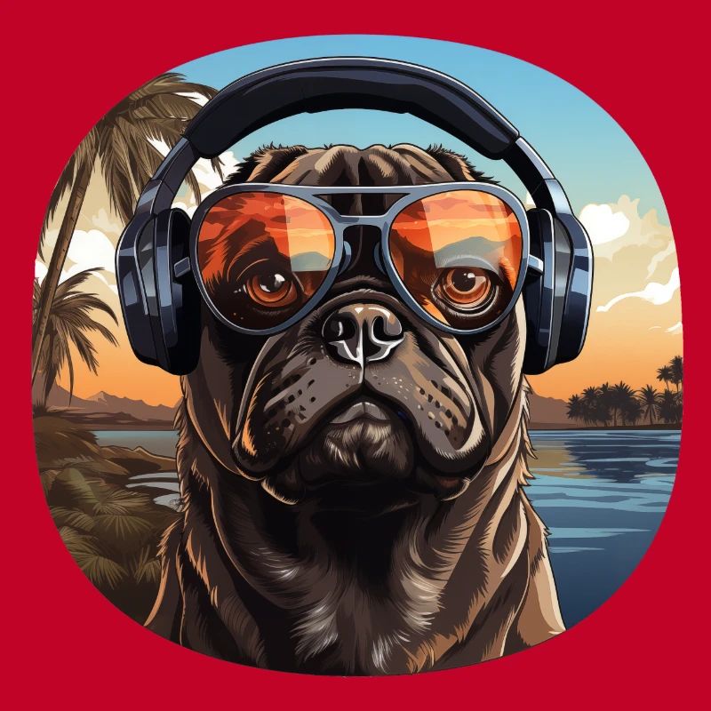 Mops Kopfhörer Sonnenbrille Vintage