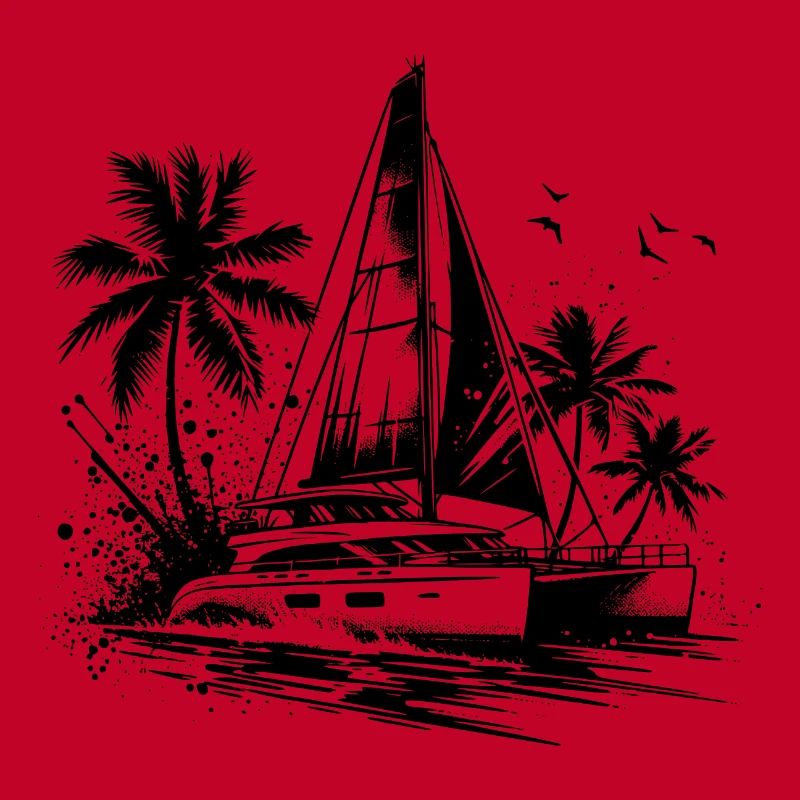 Double hull catamaran sailboat with palm trees