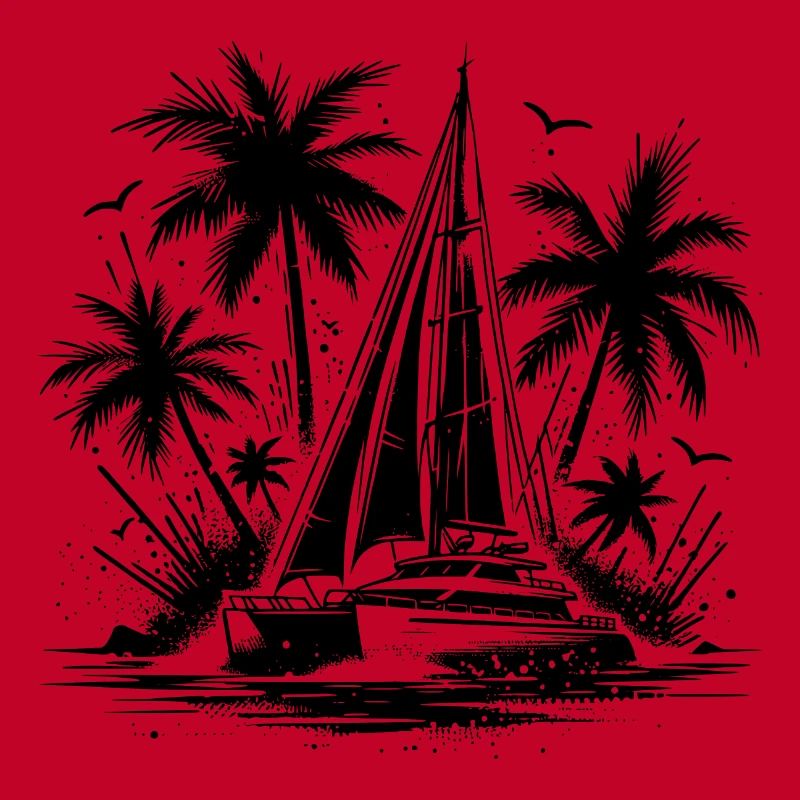 Palm trees with double hull catamaran sailing boat