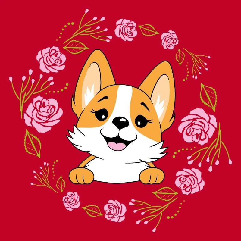 Jeter un coup d’œil heureux chien Corgi dans une couronne de fleurs