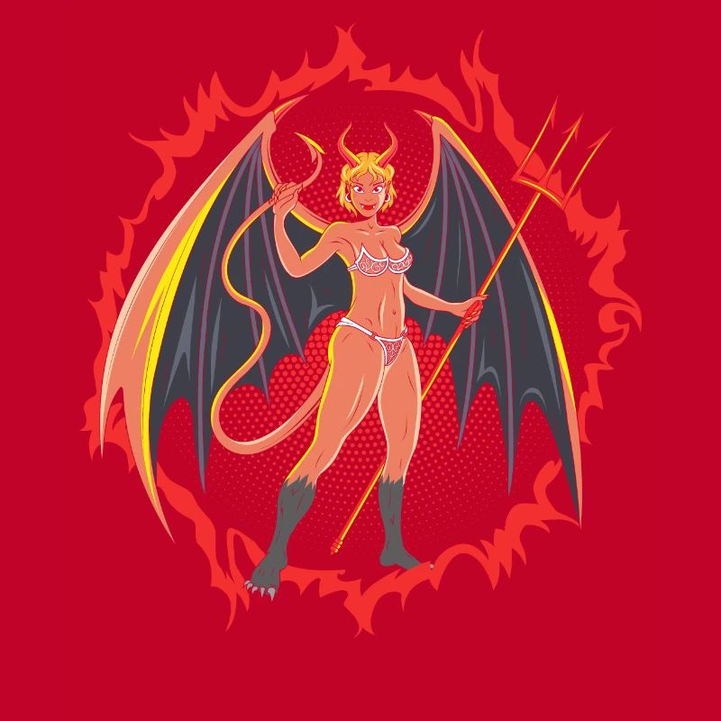 Fille du diable avec d’énormes ailes et une fourche