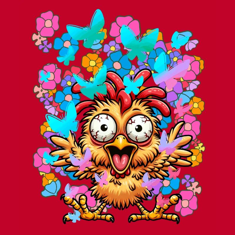 Poulet Poulets Printemps Fleurs Papillons Drôle