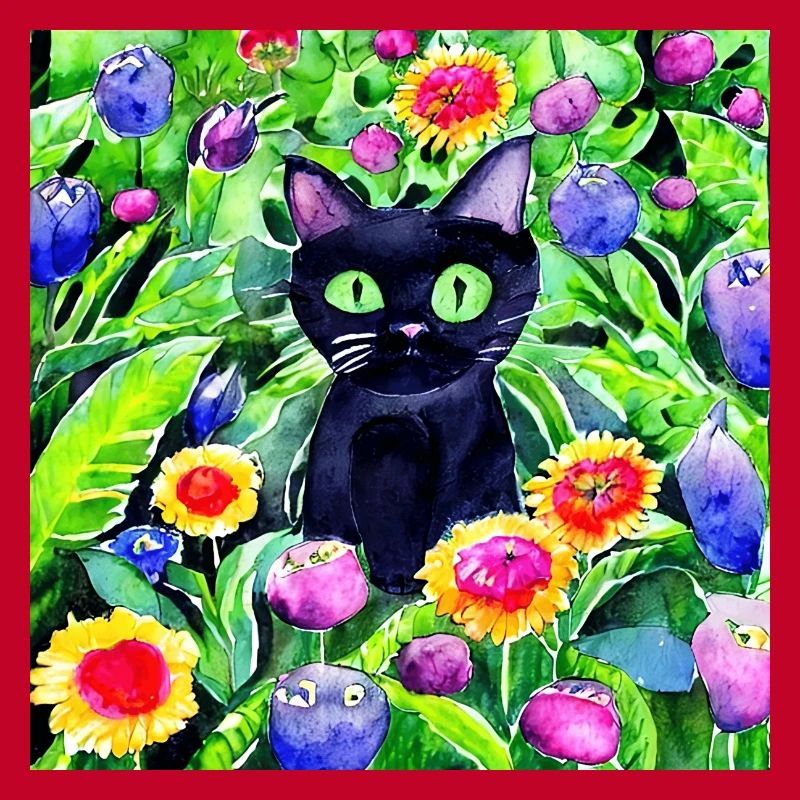 Chat noir assis dans un jardin de fleurs