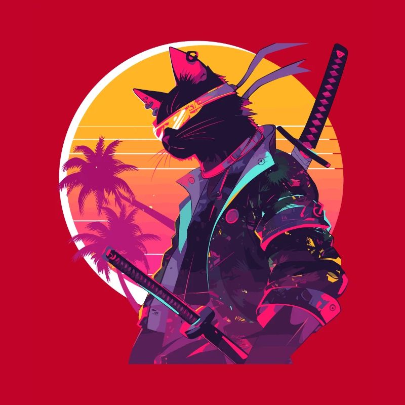 Cat Samurai 80's Vintage Style