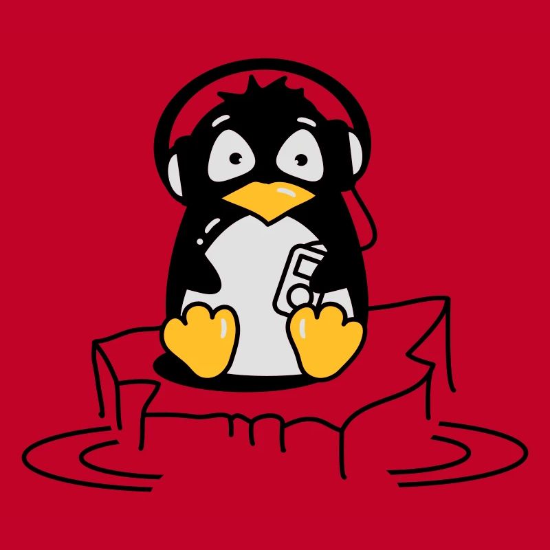 Cooler Pinguin mit Kopfhörern auf Eis