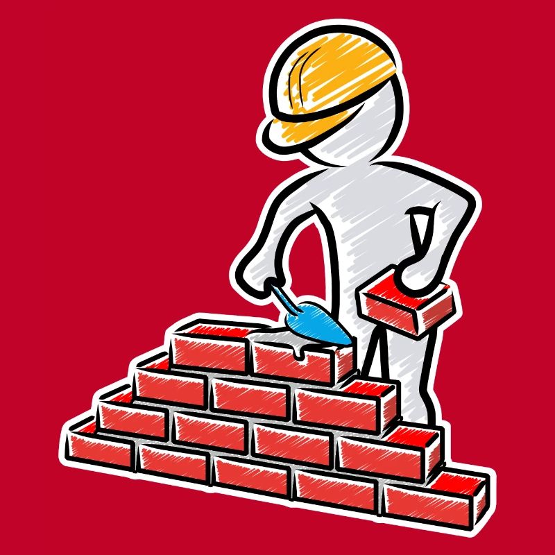 Construction worker with trowel, mortar and wall