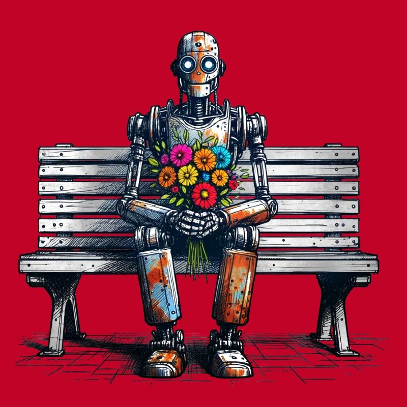 Robot Bench Flowers Robot Love Rusty Art
