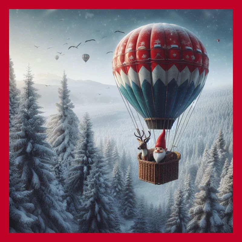 Gnome et renne dans une montgolfière