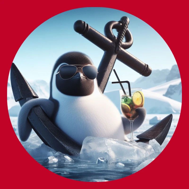 Comic penguin leaning in anchor with cocktail