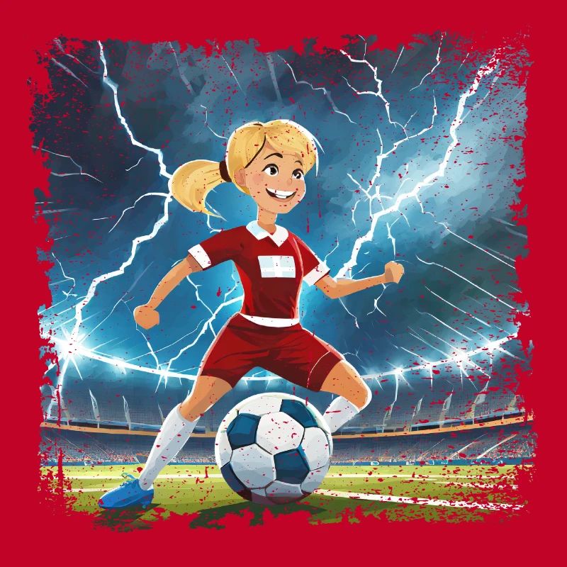 Fussballerin Comicfigur Stadion mit Blitzen