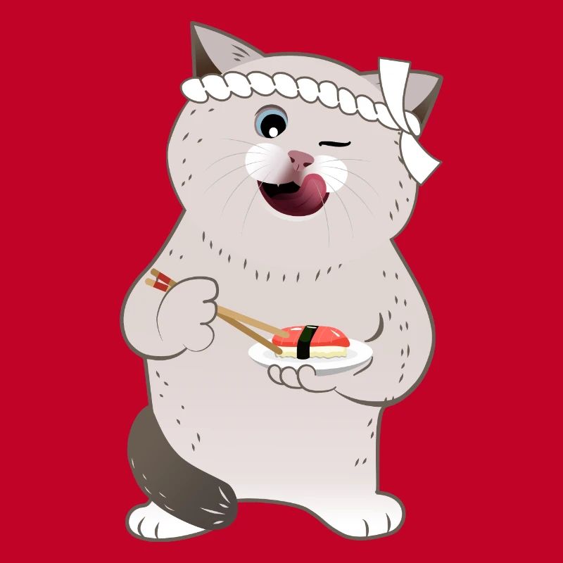 Chat potelé mignon tenant des sushis