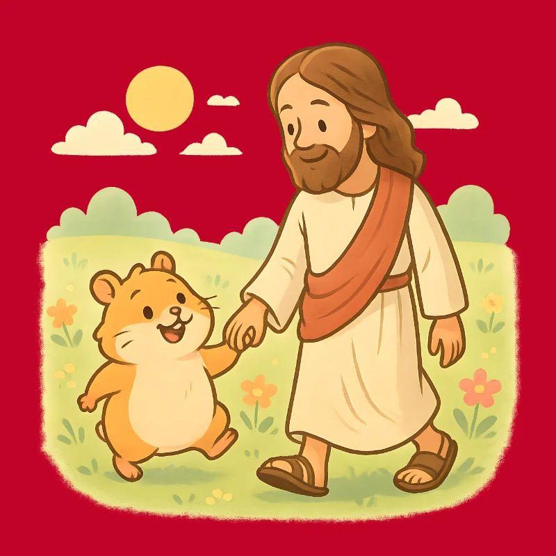Jésus aimant marche avec un hamster