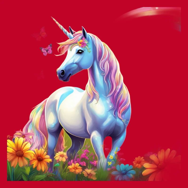 Licorne céleste dans le champ des fleurs avec Schmetterlin