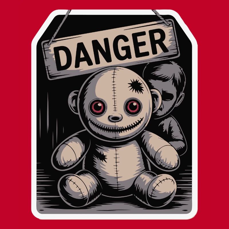 Poupée étrange avec un panneau de danger