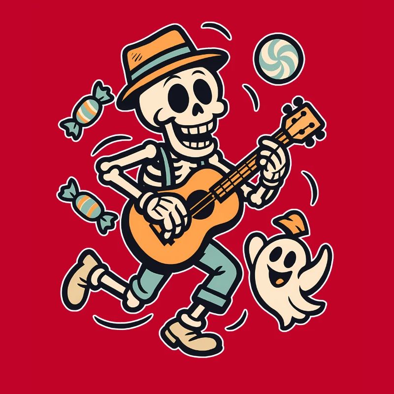 Skeleton with guitar and ghost hat
