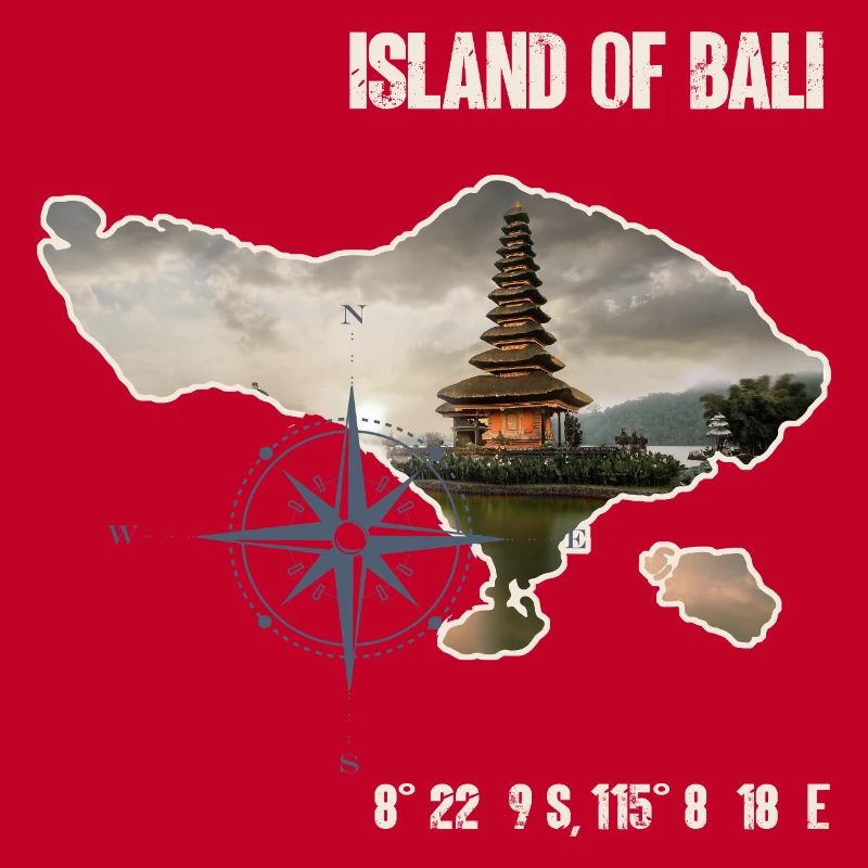 Bali island outline with temple and compass