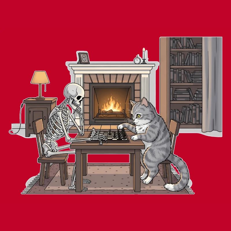 Salle de cheminée confortable avec échecs et chat