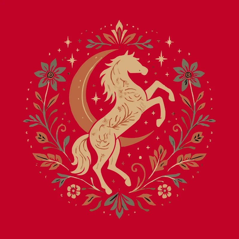 Elegantes Pferd mit Mond und Blättern