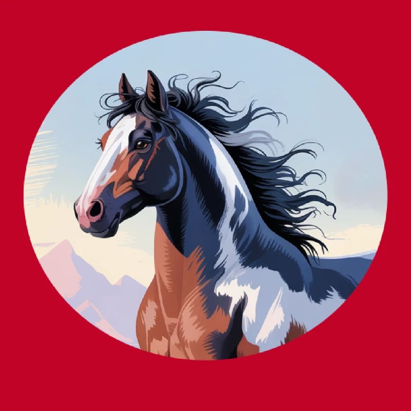 Tinker stallion galloping in mountain landscape