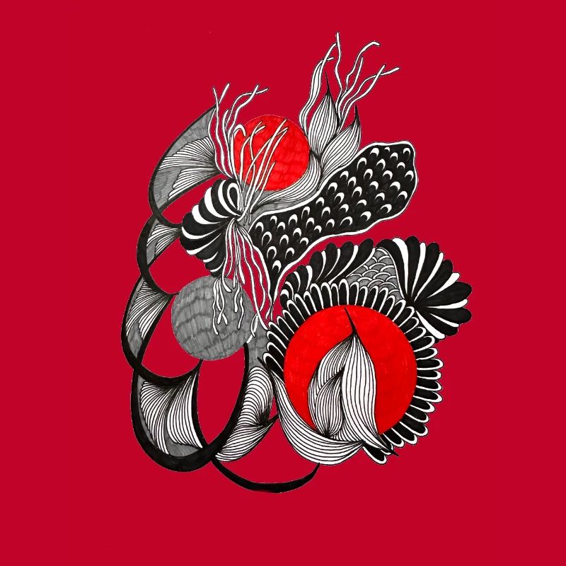 Monochrome flower circles with red
