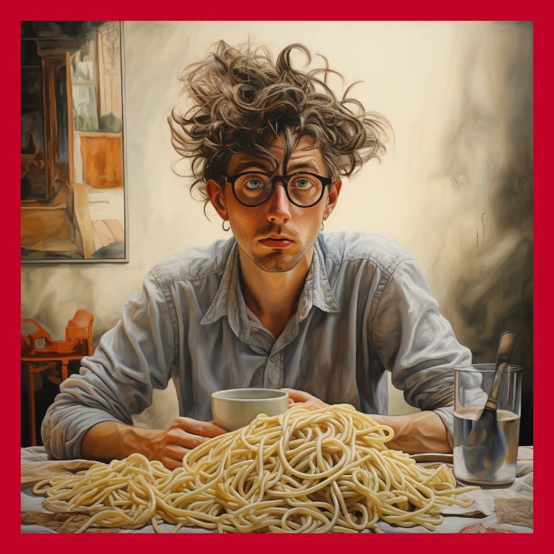 Junger Mann wirres Haar mit Spaghettiberg Brille