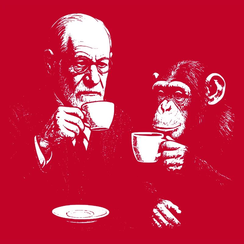 Sigmund Freud buvant du café avec un singe