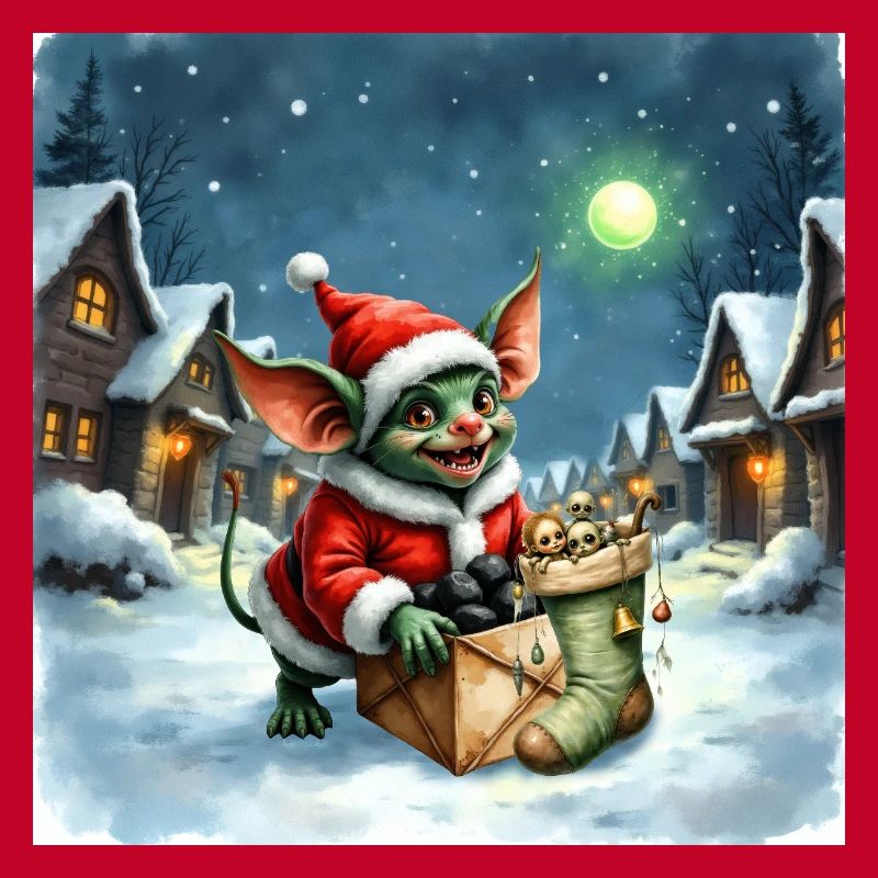 Christmas Elf Pushes Snowy Gift