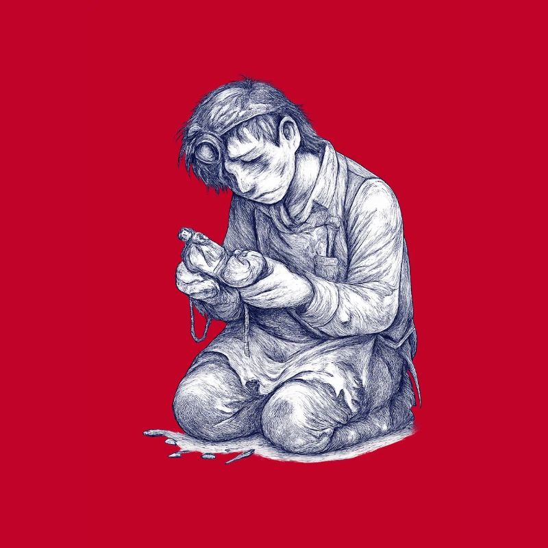 Artisan à genoux | Dessin peint à la main