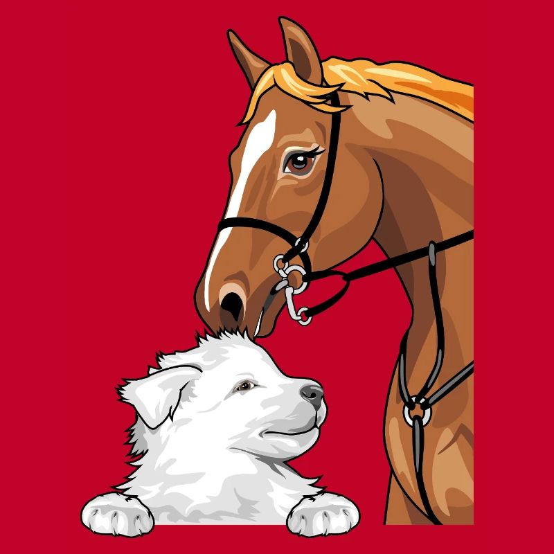 Weißer Schweizer Schäferhund und rotes Pferd