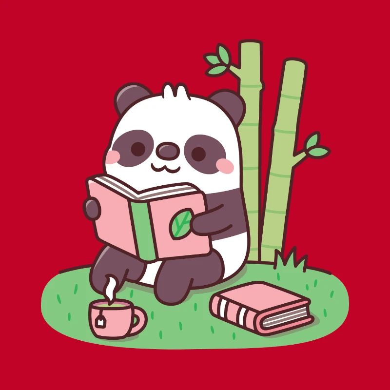 Cute Panda Reading A Book Near Bamboo Plants
