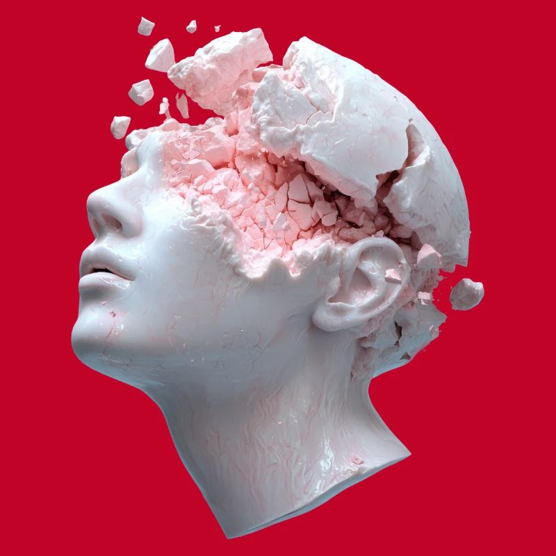 Decaying head, inner thoughts as debris