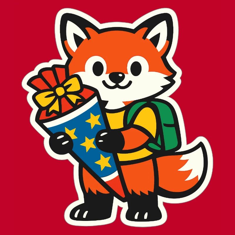 Fox with gift and backpack school enrollment