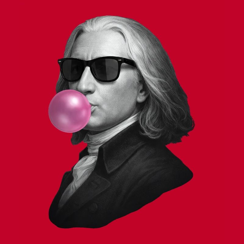 Graues Porträt mit pinker Blase