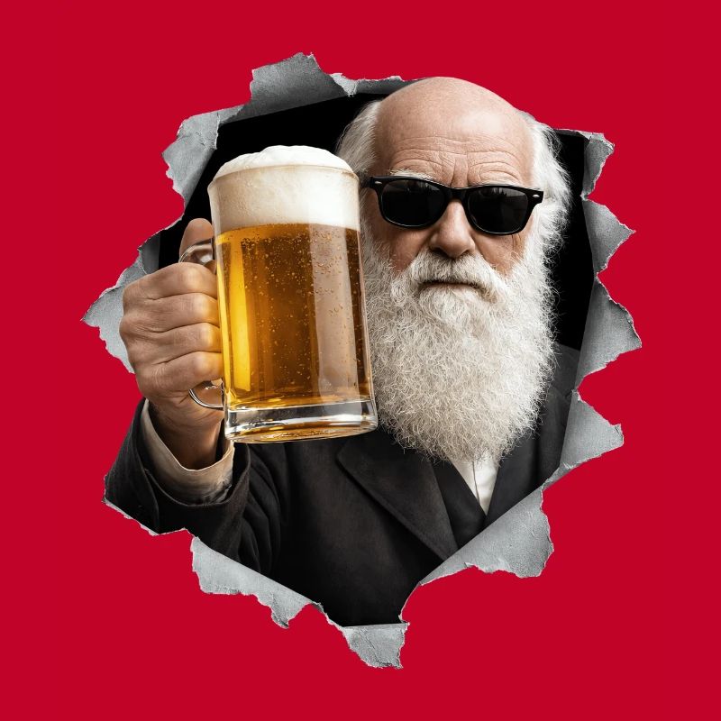 Charles Darwin hält ein Bier