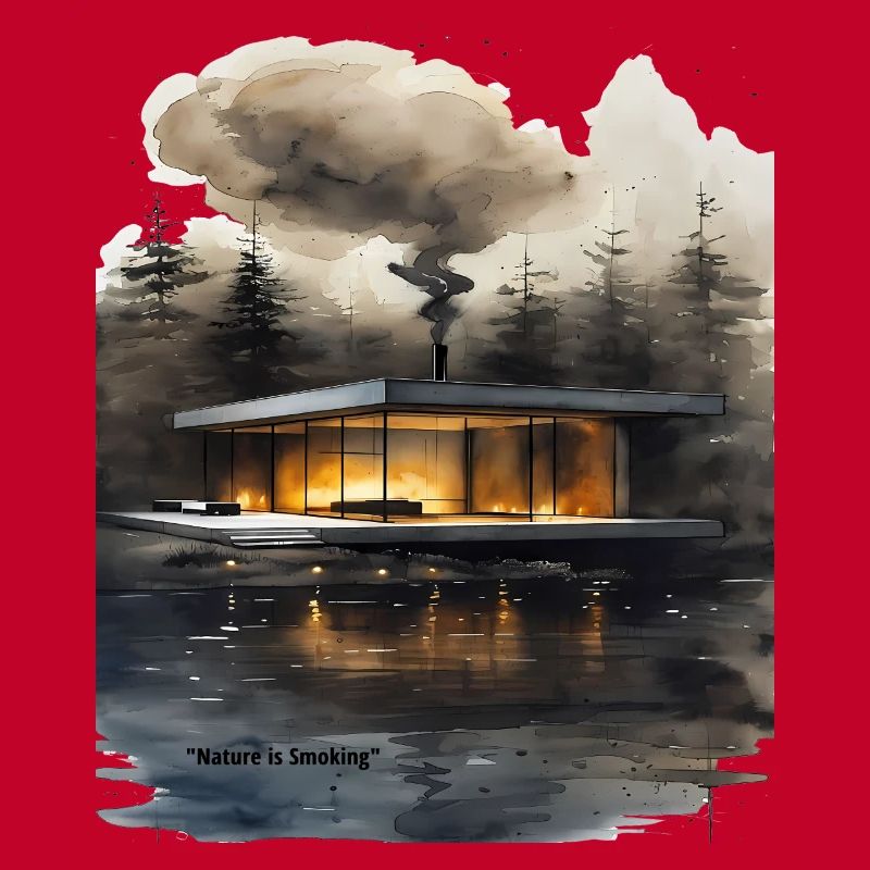 Cabane moderne éclairée par le feu sur le lac