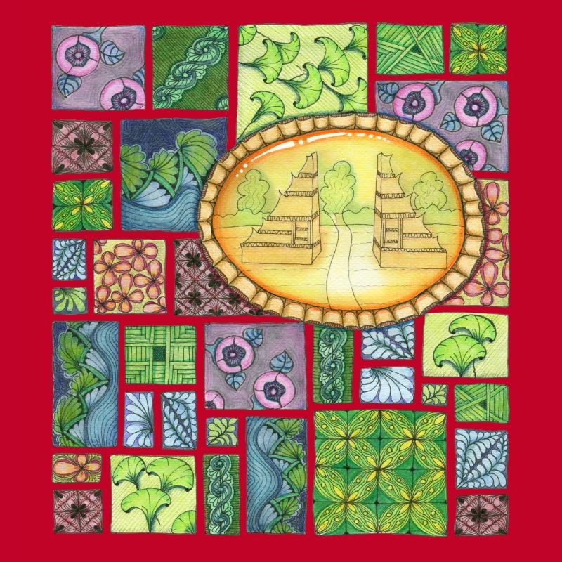 Bali temple on pattern patchwork