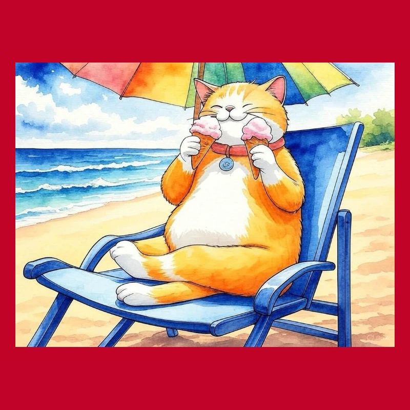Katze am Strand mit Eiscreme