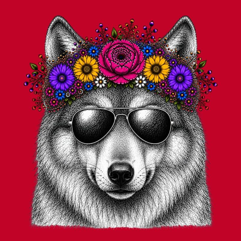 Wolf with flower wreath and sunglasses