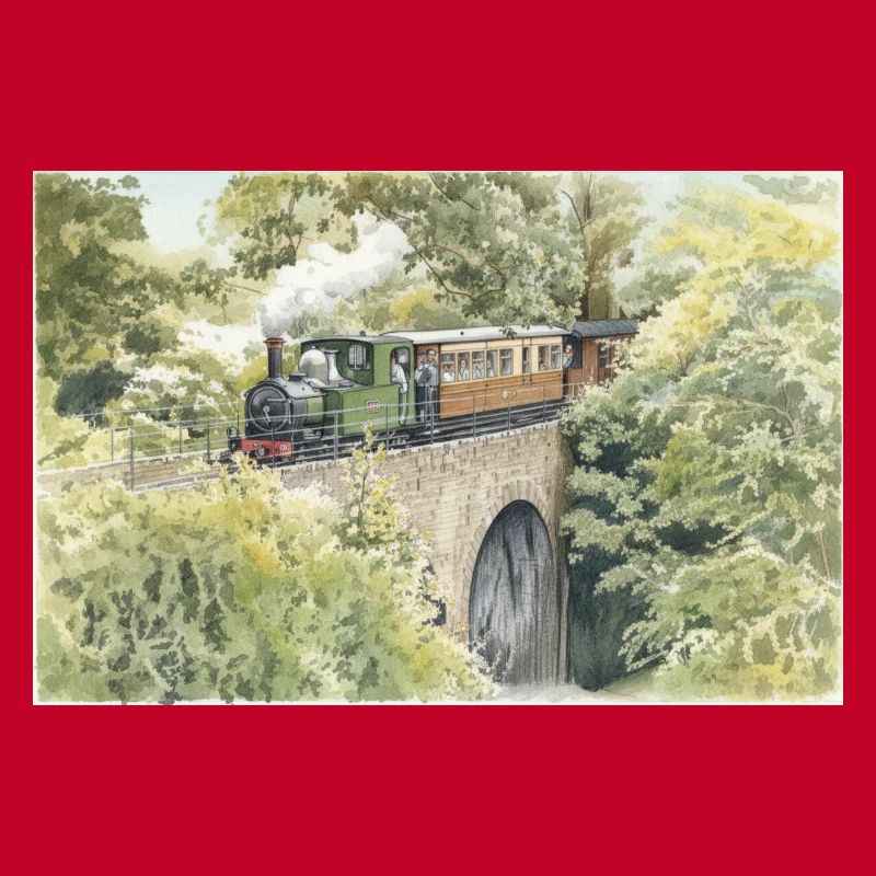Aquarell-Dampfeisenbahn-Viadukt