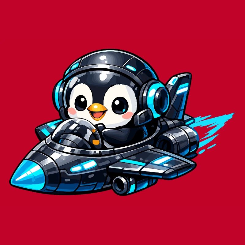 Neon penguin pilot in rocket jet