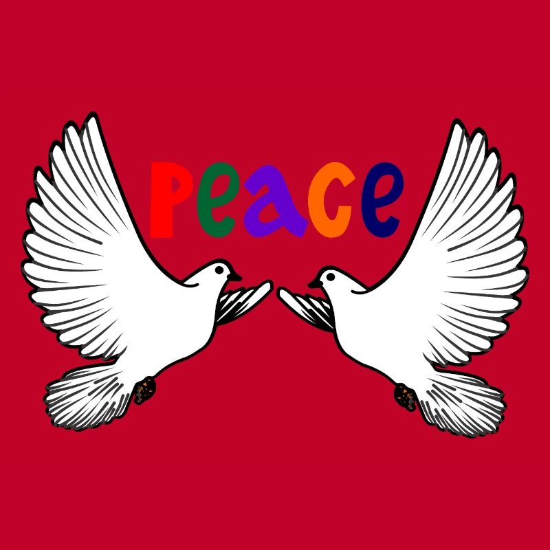 Two white doves of peace with colored text PEACE