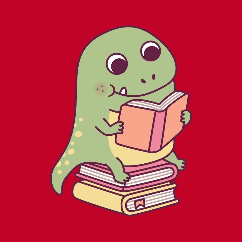 Niedlicher T-Rex Dinosaurier liest ein Buch