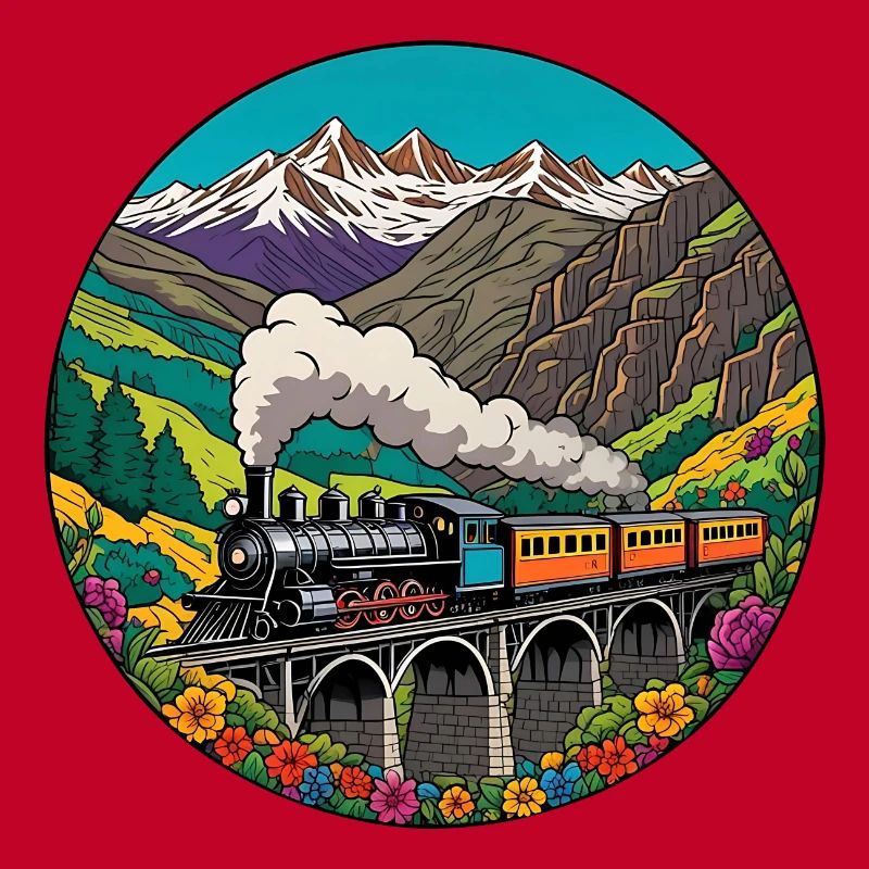 Bunter nostalgischer Eisenbahnzug mit Dampflok
