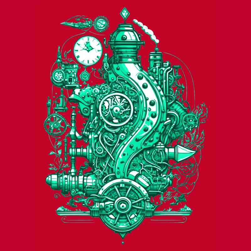 Steampunk steam engine with clockwork and technology