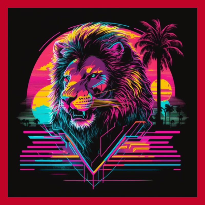 Löwe mit Neonfarben, Synthwave / 80er Jahre